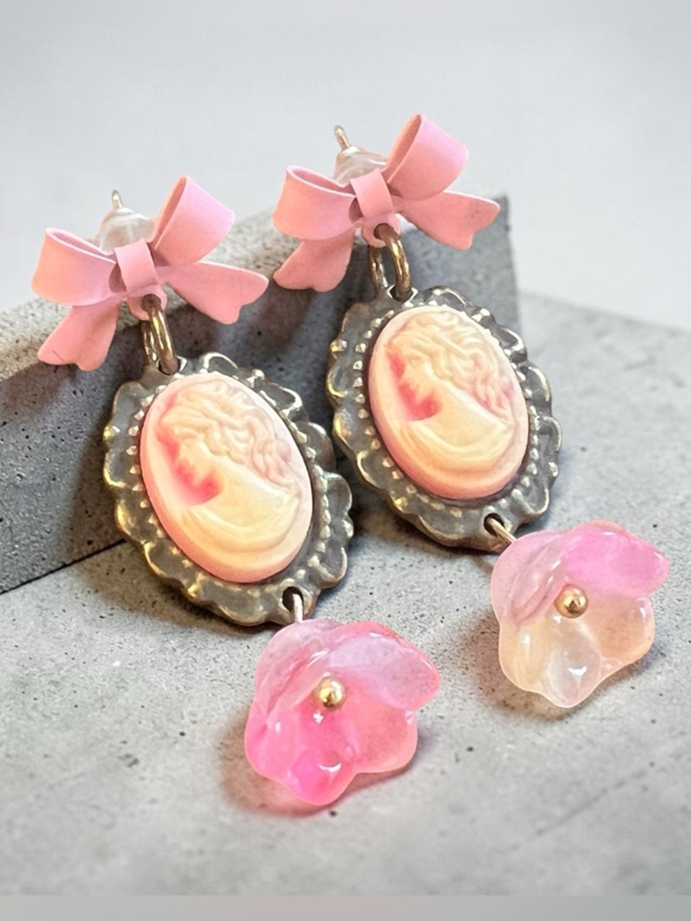 Vintage-Inspired Pink Cameo Drop Earrings with Bow Accent -The Amelie